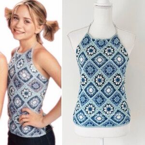 Super Rare Y2K Vintage Blue Floral Halter Knit Top ASO Mary-Kate + Ashley Olsen